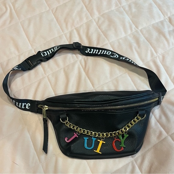 Juicy Couture Belt Candy Coated Purse Black Gold Faux Leather Cross Body Bag - Picture 1 of 4